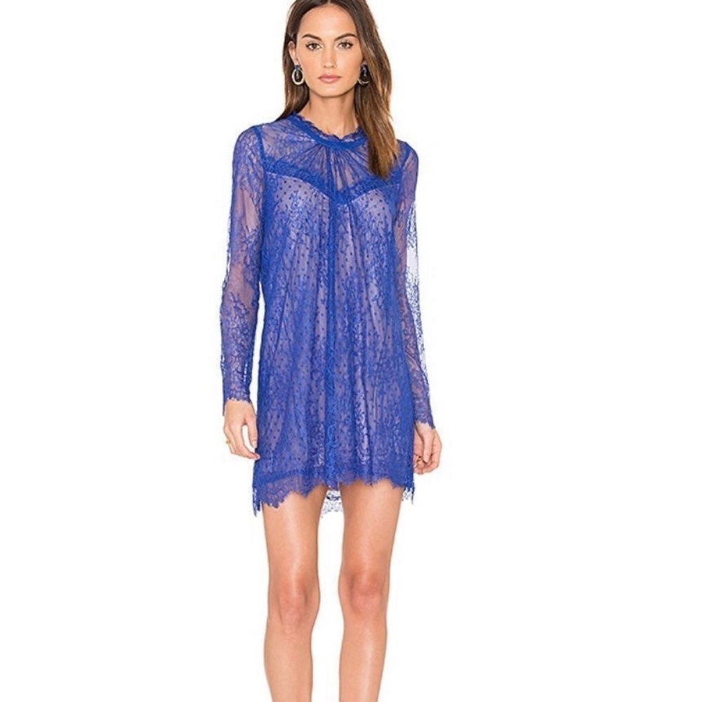 Blue lace slip mini dress long sleeve